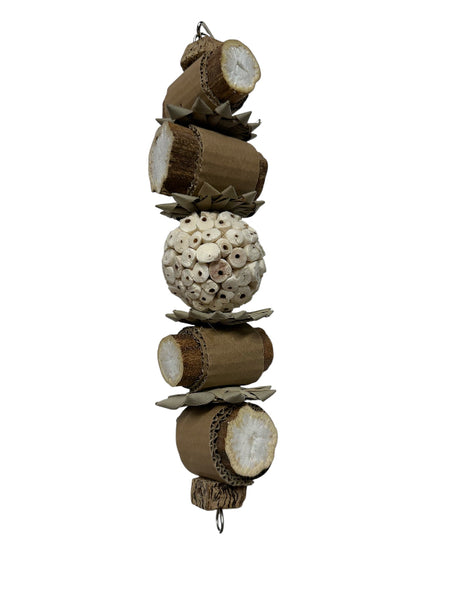 Bird toy made of natural materials including sola, palm leaf and sunflower slices