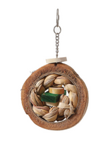 Round wooden bird toy with a chain, featuring natural materials.