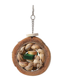 Round wooden bird toy with a chain, featuring natural materials.